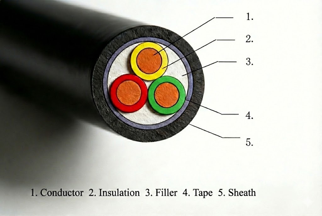 Cross-sectional structure of a Low Voltage cable: 1. Conductor, 2. Insulation, 3. Filler, 4. Tape, 5. Sheath.